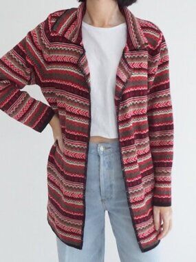 Vintage Christopher Banks Red Fair Isle Stripe Collared Knit Jacket Cardigan L